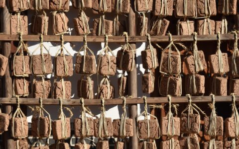 Authentic Korean meju blocks hanging outdoors for fermentation, essential in Korean cuisine.